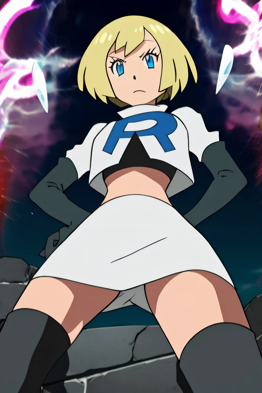 masterpiece,best quality,high res,high quality,8k, masterpiece,highres, team rocket uniform, red letter r, white skirt,white crop top,black thigh-high boots, black elbow gloves, glaring angrily, looking down at viewer, hands on hips, cowboy shot, zettai ryouiki,spread legs,from below, black panties,anime style, vivid colors, sharp focus, intense lighting,Persona3Aigis,blond hair, blue eyes