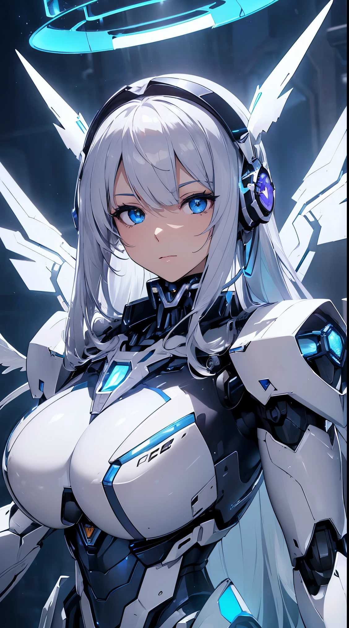 ((Lenses shining on both breasts:1.3))、((Columns of glowing blue light emanating from both chests:1.3))、(Dynamic pose:1.6)、smile、((8k)), ((32k)), ((highest quality)), ((masterpiece)), ((超A high resolution)), ((Tmasterpiece)), ((halo:1.4))、((Mechaニカルheadgear:1.2))、((Cyber Headphones:1.3))Fine skin, High quality fabric, Fine metal texture、((Beautiful and dense face))、RAW Photos、Professional, Ultra-fine painting, ((alone)), Beautiful breasts、highest quality, Very detailed, Very detailed詳細, Finer details, so beautiful, ((Princess Knight Robot:1.2)),  (Joint of the machine, Mechanical Limbs:1.3), (The internal structure of the machine is exposed:1.3), (Long silver hair:1.1), (Beautiful and huge mechanical breasts)、White Veil, cowboy_shot, Side Focus, headgear, Shiny、(Five Fingers, Four fingers and thumb),Concept Art, Anime fantasy artwork, Detailed fantasy art, (with pale blue-violet hair and large white wings,,,,,,), (((Long silver hair))), (Mecha:1.6)、Sleek and intimidating design, ((Commander in Chief&#39;s Arms)), (Perfect robot body)、Pure white and blue-purple 腕or, symmetrical wings, 8k high quality detailed art, 3D rendering of character art in 8K, neat legs, Defined, Defined fingers,((headshot:1.3))