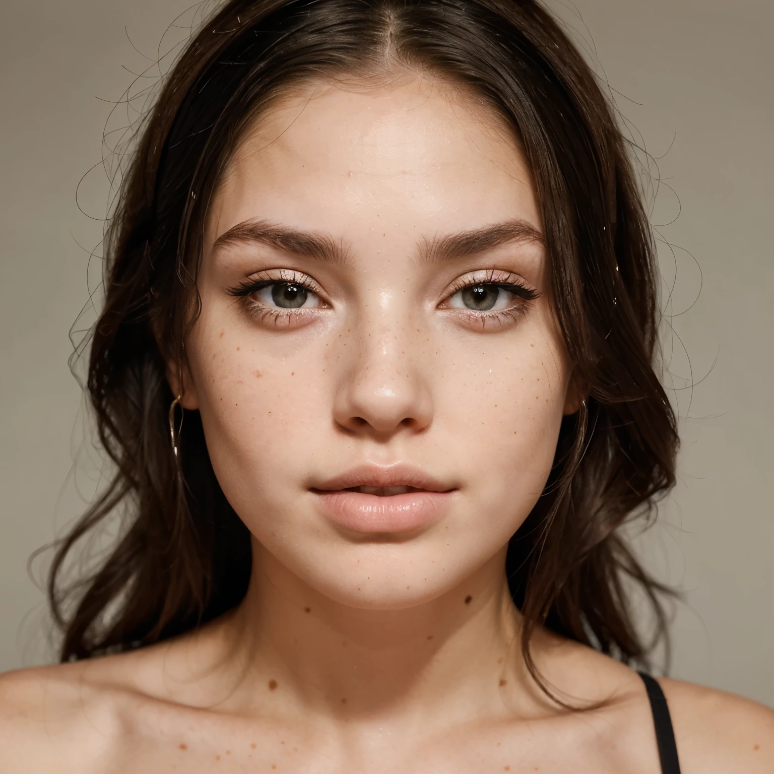 Her hair should be black, she should have pure white skin, she should have light freckles on her cheeks and nose, and her lips should be a little full.