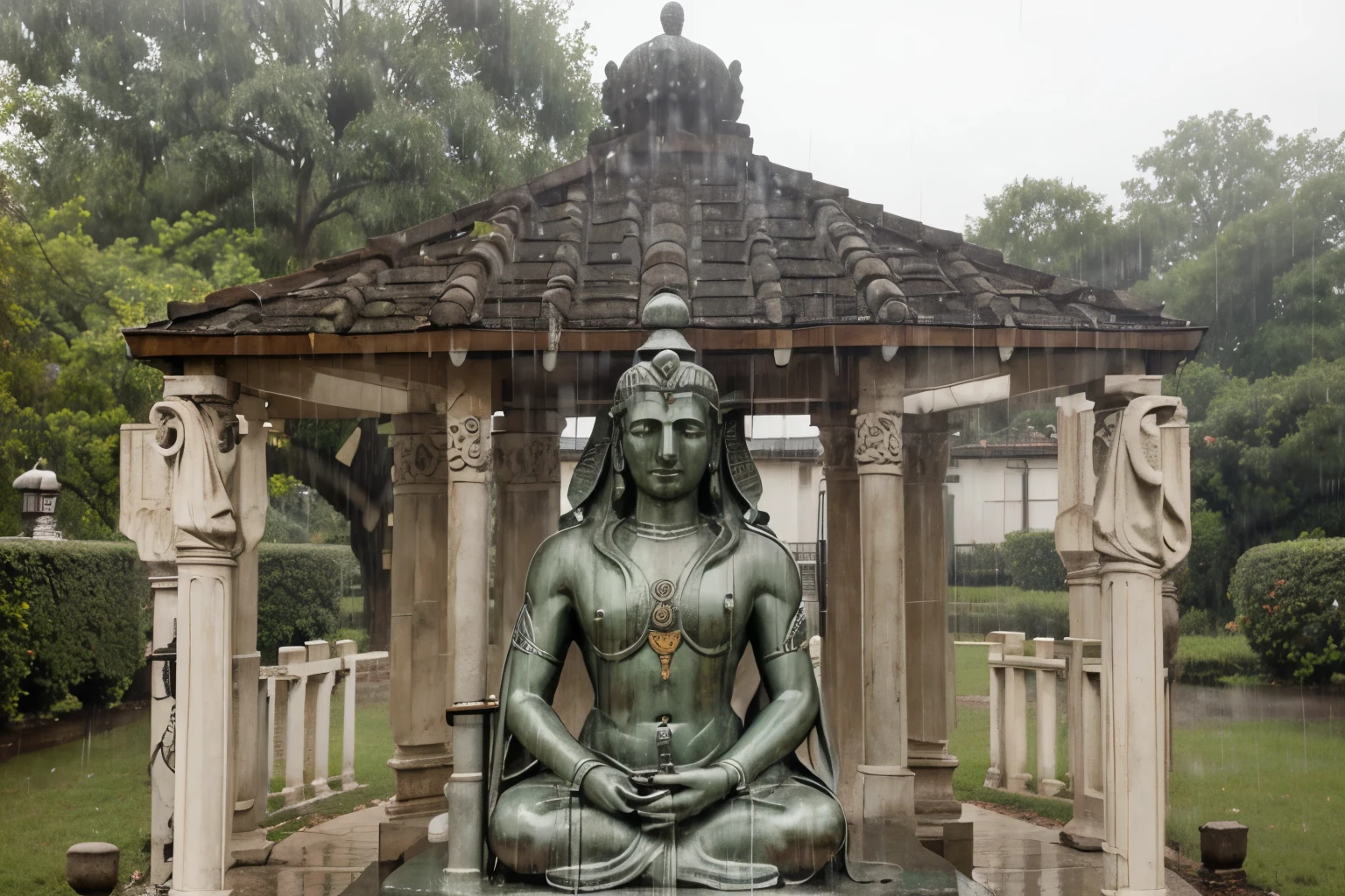 an outdoor cozy gazebo at a rainy cloudy day, two roman pillars with candle, a shiva statue back in a cozy rainy day