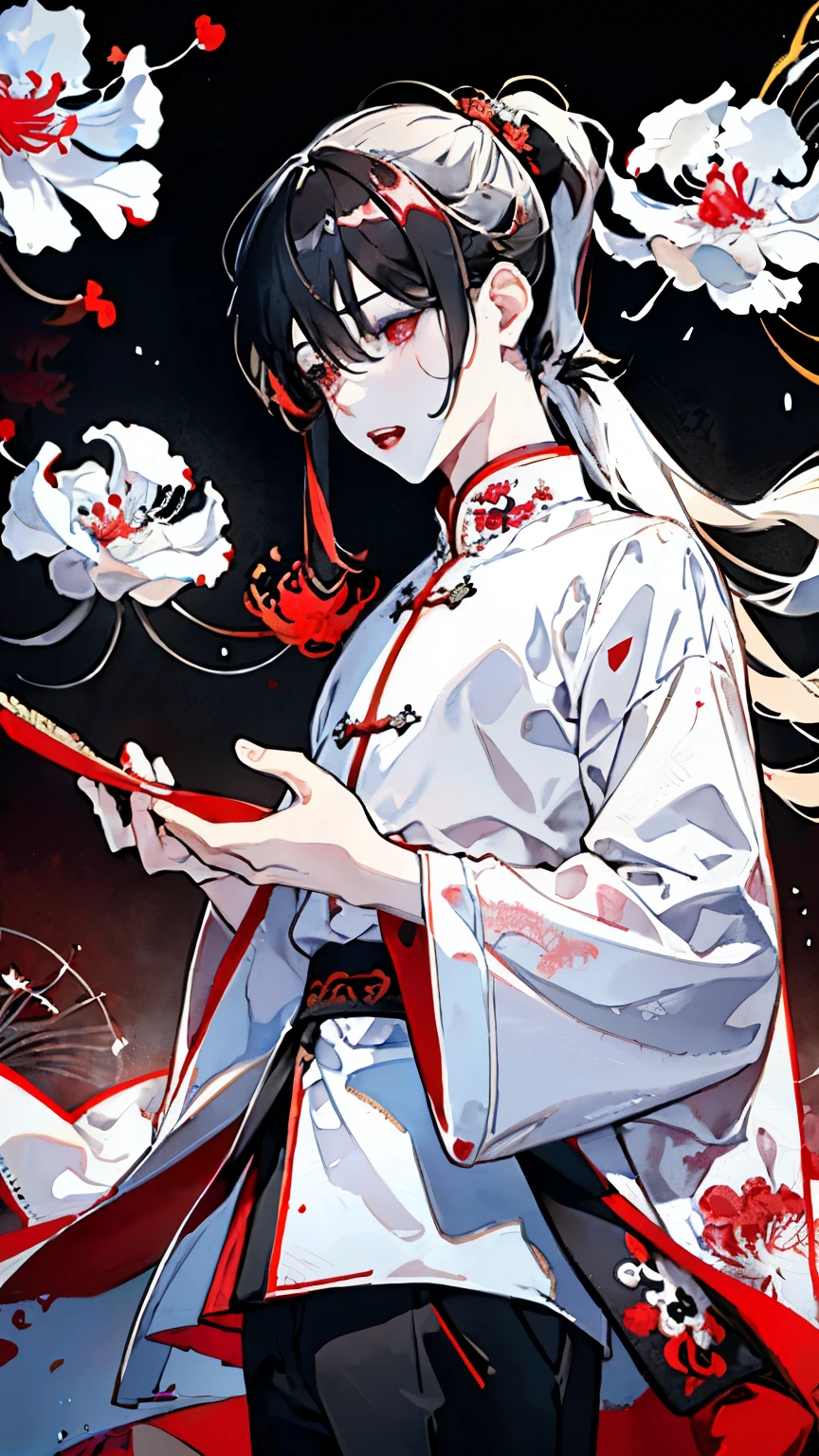 White clothes bring disaster to the world,(Two boys around 18 years old:1.5),(Dark Eyes:1.4),Ancient Chinese style immortal clothing,(Long black hair ponytail:1.4),(Red spider lily:1.35),(Masquerade Mask:1.2),(Dancing beautifully:1.3),((Watercolor pattern background))