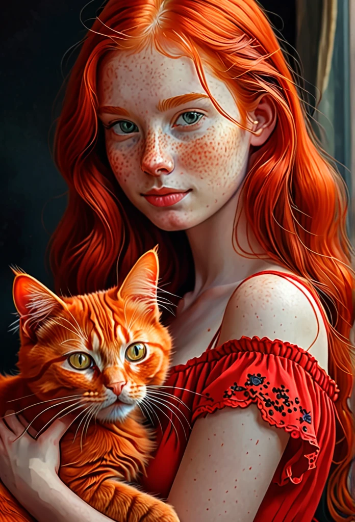 red-haired girl with a red cat, ultra detailed, best quality, masterpieces 