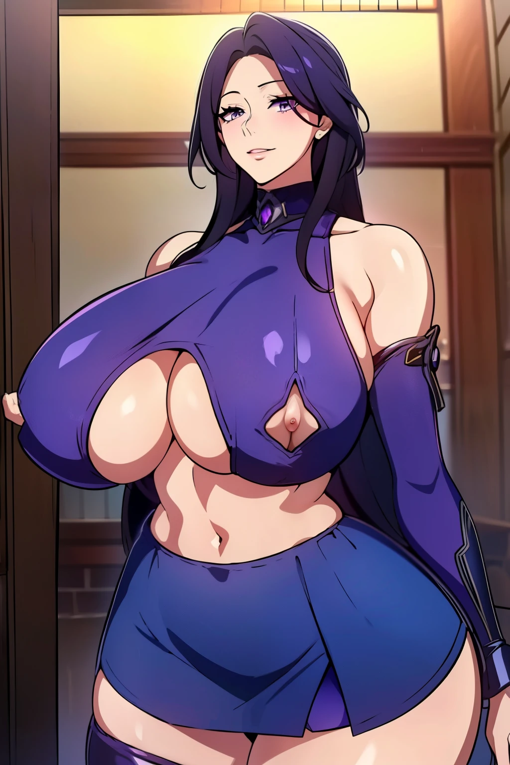 An anime-style artwork depicting Akiyama_Rinko from the game taimanin.
Tags: Akiyama_Rinko, anime, detailed eyes, detailed lips, ass, Akiyama_Rinko, blue hair, purple eyes, bare shoulders, (crop top, turtleneck, miniskirt,curvy, thighs, higheels, midriff, shiny clothes, skin tight, long hair, solo, huge breasts, (violet eyes), smiling expression, intense gaze, dynamic pose, indoor, palace, vibrant colors, digital art, high-resolution, professional quality, gigantic breasts, curvy, cowboy shot, (gigantic breasts: 1.4), (underboob : 1.4),