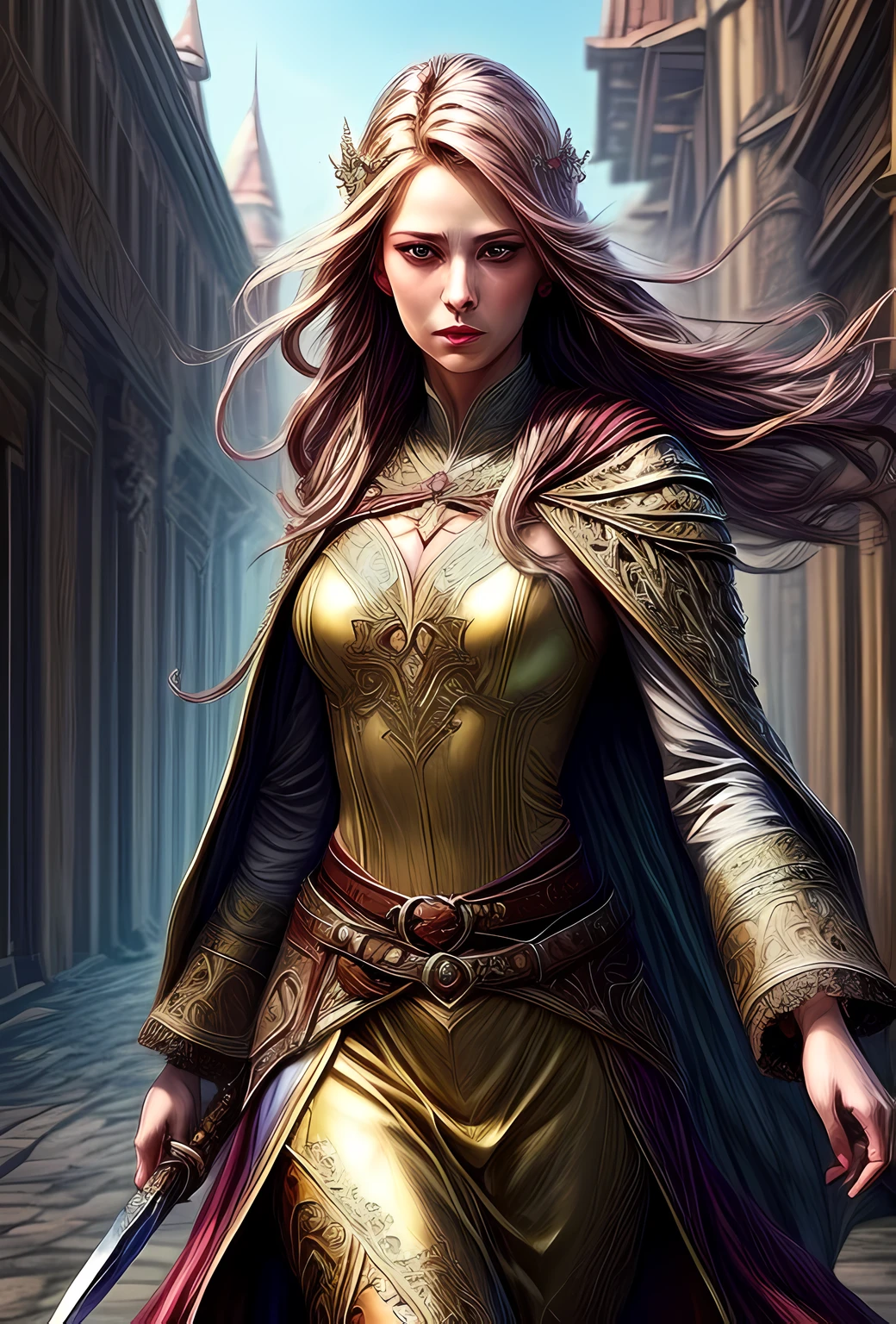speedpainting a picture of a female elf (intense details, Masterpiece, best quality: 1.5) fantasy swashbuckler, fantasy fencer, armed with a slim sword, shinning sword, metallic shine, colorful clothes, dynamic clothing, an ultra wide shot, full body (intense details, Masterpiece, best quality: 1.5)epic beautiful female elf (intense details, Masterpiece, best quality: 1.5), rich hair, braided hair, small pointed ears, Sword and shield, GLOWING SWORD [colorful magical sigils in the air],[ colorful arcane markings floating] (intricate details, Masterpiece, best quality: 1.6), holding a [sword] (intricate details, Masterpiece, best quality: 1.6) holding a [sword glowing in red light] fantasy urban street (intense details, Masterpiece, best quality: 1.5),  purple cloak, long cloak (intense details, Masterpiece, best quality: 1.5), sense of daring, sense of adventure,  high details, best quality, 8k, [ultra detailed], masterpiece, best quality, (extremely detailed), dynamic angle, ultra wide shot, photorealistic, RAW, fantasy art, dnd art, fantasy art, realistic art, fantasysword sword, 