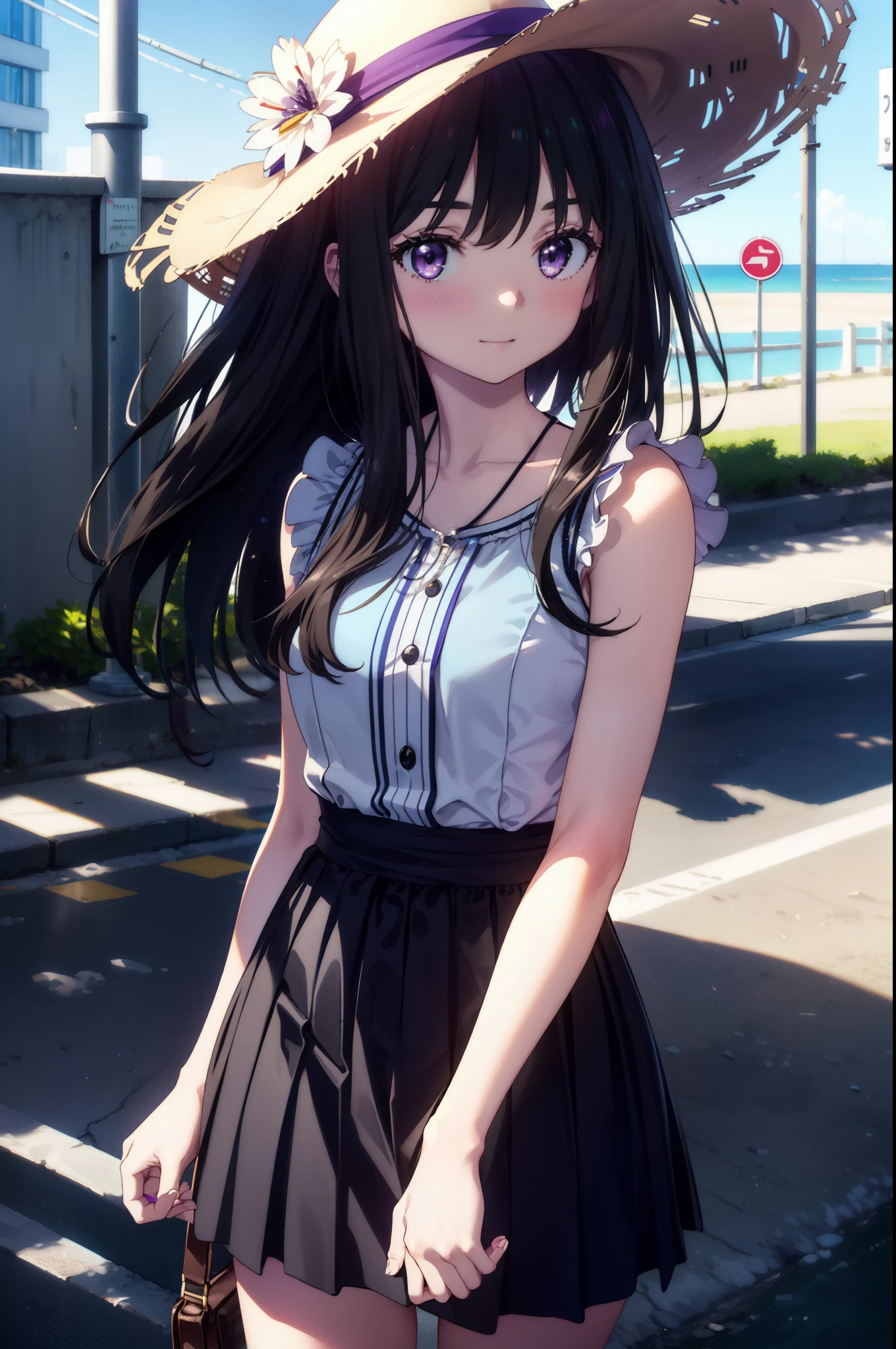 Takiuchi, Inoue Check, Long Hair, bangs, Black Hair, (Purple eyes:1.2),happy smile, smile, Open your mouth,smile,blush,Blue long skirt one-piece dress,No sleeve,Bare arms,Rocket Pendant,Cute Sandals,White hat,True Summer,Clear skies,So that the whole body goes into the illustration,
break outdoors, Coastal Road,City Street,
break looking at viewer, (Cowboy Shot:1.5),
break (masterpiece:1.2), highest quality, High resolution, unity 8k wallpaper, (figure:0.8), (Beautiful fine details:1.6), Highly detailed face, Perfect lighting, Highly detailed CG, (Perfect hands, Perfect Anatomy),