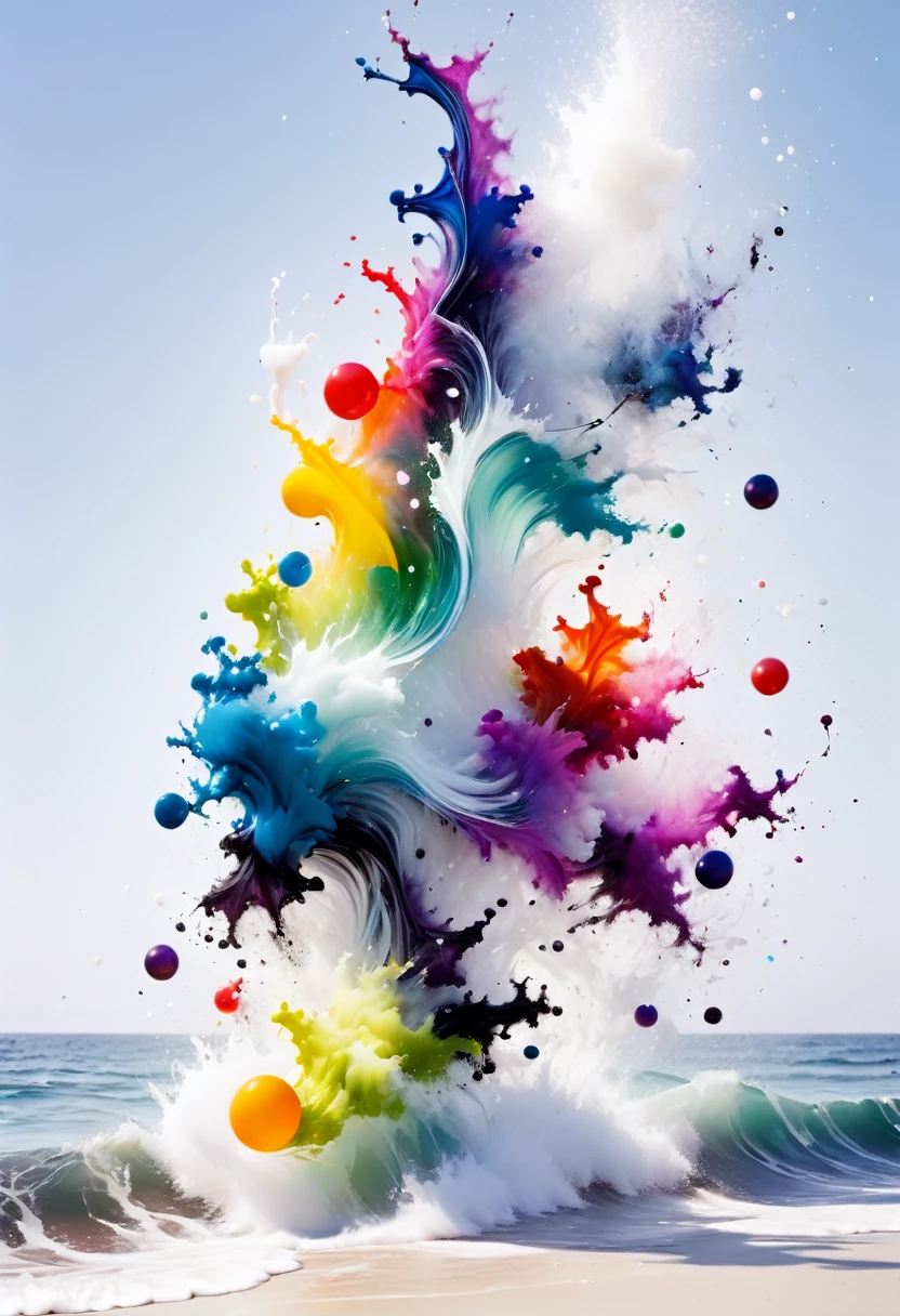 scribble art,ink splatter,wild and unrestrained,splash ink painting,Abstractionism,colorful,Blurry dreams,Dynamic energy,release creation,visual impact,modern aesthetic,Elegant and simple,Contemporary interpretation,Be bold,White background,Lots of white space,Colored glass marbles fall into sea of ink,ink splatter moment,Stir up huge colorful waveagnificent