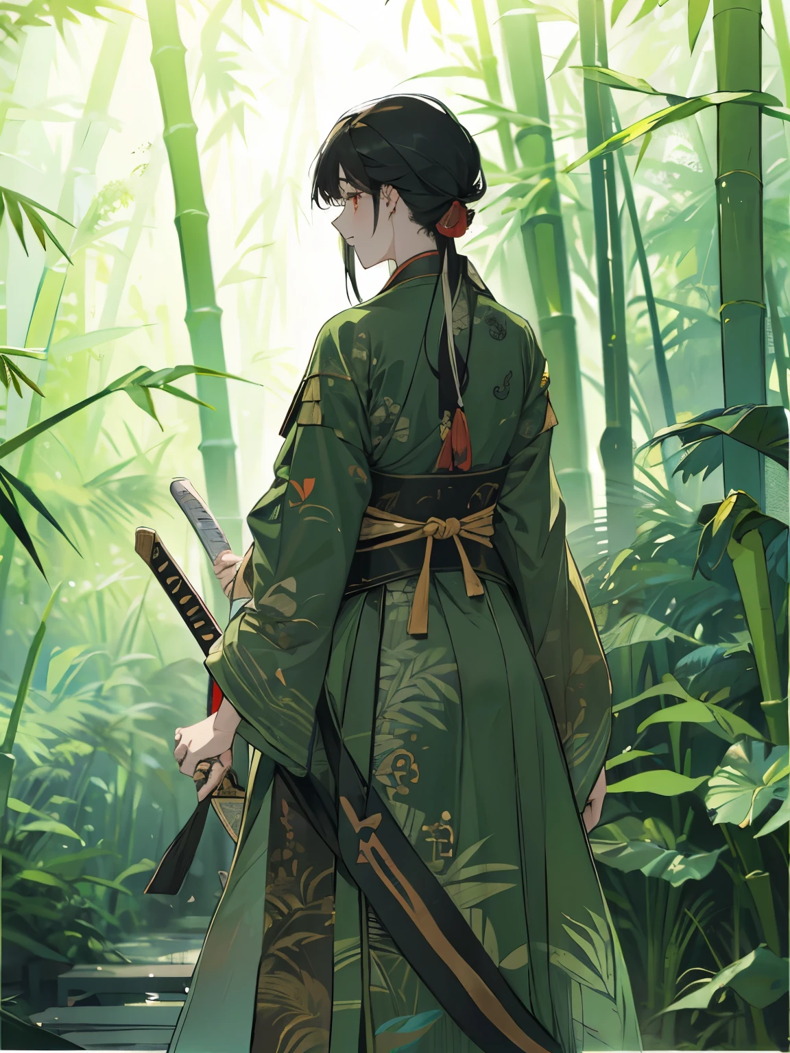 Solo, 1 warriores, hanfu robe, girl, serious face, looking back, with black hair, low ponytail, standing in jungle, view from back, she is looking at back, holding two swords, red jade bangle on hand, chinese hanfu clothes, green hanfu clothes, bamboo pattern clothes,  sword with design, black sword with flower design, white sword,  Chinese theme, bamboo forest at background,