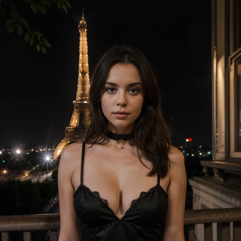 jeune femme de 25 ans, brune, professional lighting, Dim light, Black evening dress, Large neckline, collier de perles, Dark stare, devant la tour Eiffel, de nuit