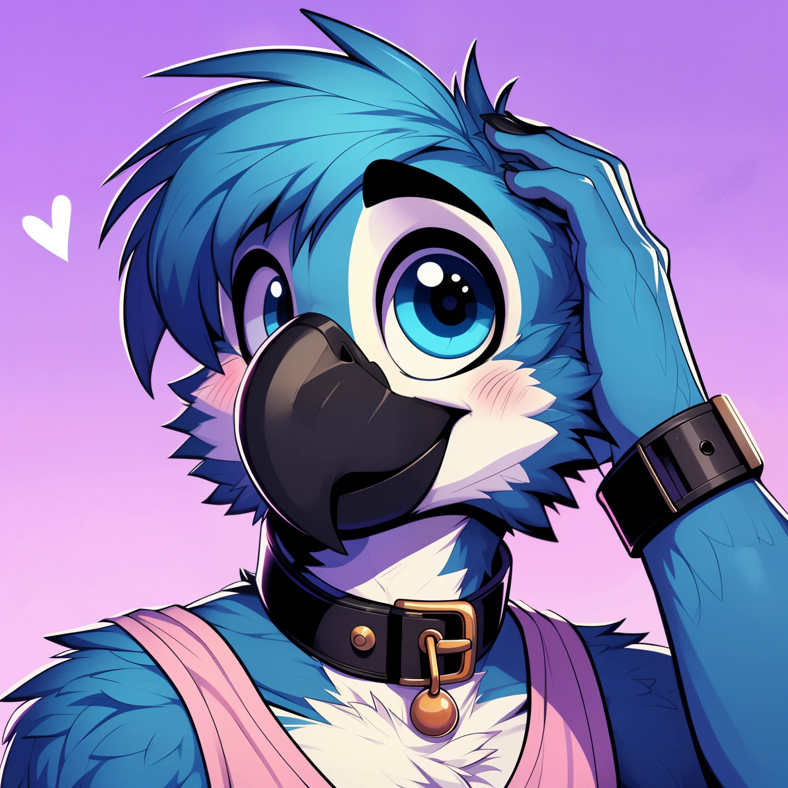 cartoon bird with a blue beak and a pink shirt, avian!!! fursona, birb, fursona art, cocky smirk, fursona furry art commission, fursona commission, furry character portrait, furry fursona, fursona!!!!, pov furry art, anthro portrait, anthro art, commission for high res, blue arara
