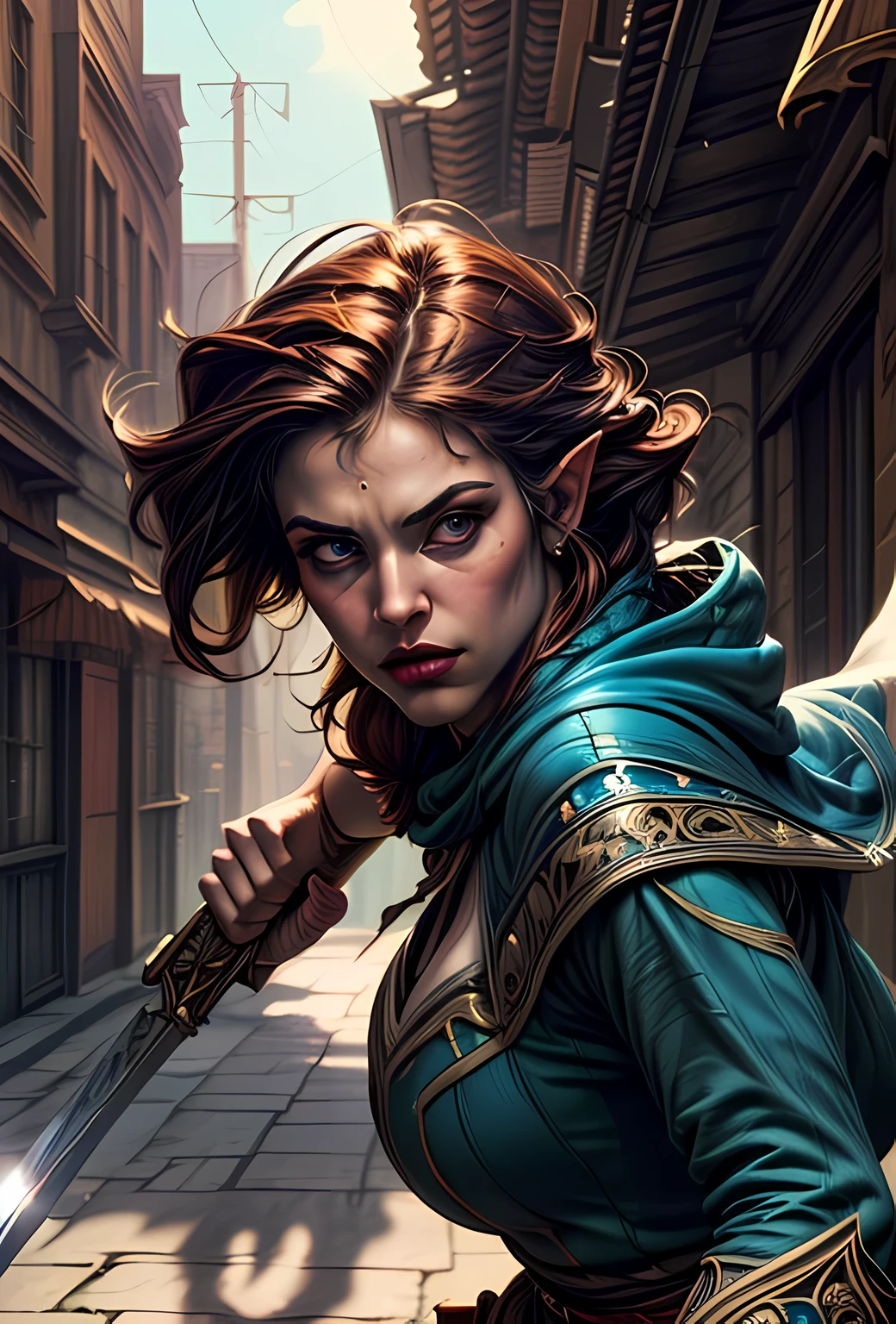 speedpainting a picture of a female elf (intense details, Masterpiece, best quality: 1.5) fantasy swashbuckler, fantasy fencer, armed with a slim sword, shinning sword, metallic shine, colorful clothes, dynamic clothing, an ultra wide shot, full body (intense details, Masterpiece, best quality: 1.5)epic beautiful female elf (intense details, Masterpiece, best quality: 1.5), rich hair, braided hair, small pointed ears, Sword and shield, GLOWING SWORD [colorful magical sigils in the air],[ colorful arcane markings floating] (intricate details, Masterpiece, best quality: 1.6), holding a [sword] (intricate details, Masterpiece, best quality: 1.6) holding a [sword glowing in red light] fantasy urban street (intense details, Masterpiece, best quality: 1.5),  purple cloak, long cloak (intense details, Masterpiece, best quality: 1.5), sense of daring, sense of adventure,  high details, best quality, 8k, [ultra detailed], masterpiece, best quality, (extremely detailed), dynamic angle, ultra wide shot, photorealistic, RAW, fantasy art, dnd art, fantasy art, realistic art, fantasysword sword, realistic