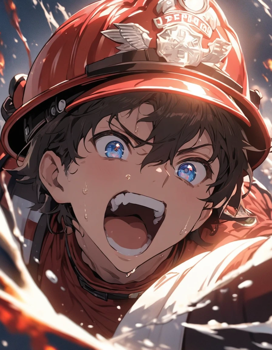 male,Handsome man with a good physique:1.3、(Firefighter)、 Desperate firefighting efforts at the scene of a fire、Tension、Sweat、desperate look、(fire truck:1.2)、(highest quality、masterpiece、High resolution、detailed)、animeスタイル、Flat Style、(Beautiful Eyes, Delicate and beautiful face), BREAK,anime、extremely detailed、Best lighting, Best Shadow、Dynamic Angle、floating, (High saturation), (splash), , (Shine), Focus on the face,