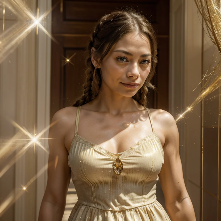 Kristin Kreuk, Superb masterpiece, upper body, (adult: 1.6) Hungarian woman, (giggle: 0.4), arms behind the head, golden braids, sparkling eyes, Victorian sun dress, floating light particles, centered, added facial detail
