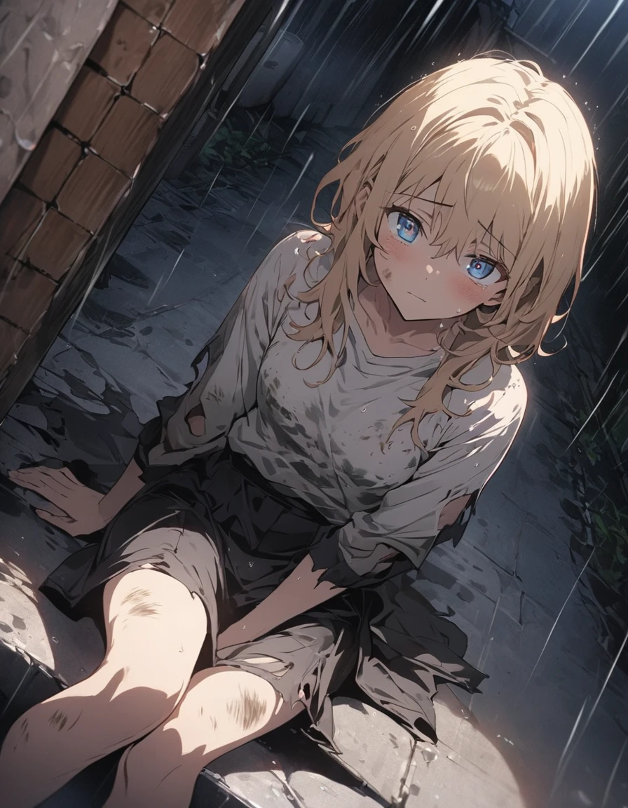 (boy:1.3), sitting in the alley, Dirty and torn clothes, Sad face, Under the Rain, At night、(highest quality、masterpiece、High resolution、detailed)、animeスタイル、Flat Style、(Beautiful Eyes、detailed美しい顔), BREAK,anime、extremely detailed、Best lighting, Best Shadow、Dynamic Angle、Beautiful and delicate depiction of rain