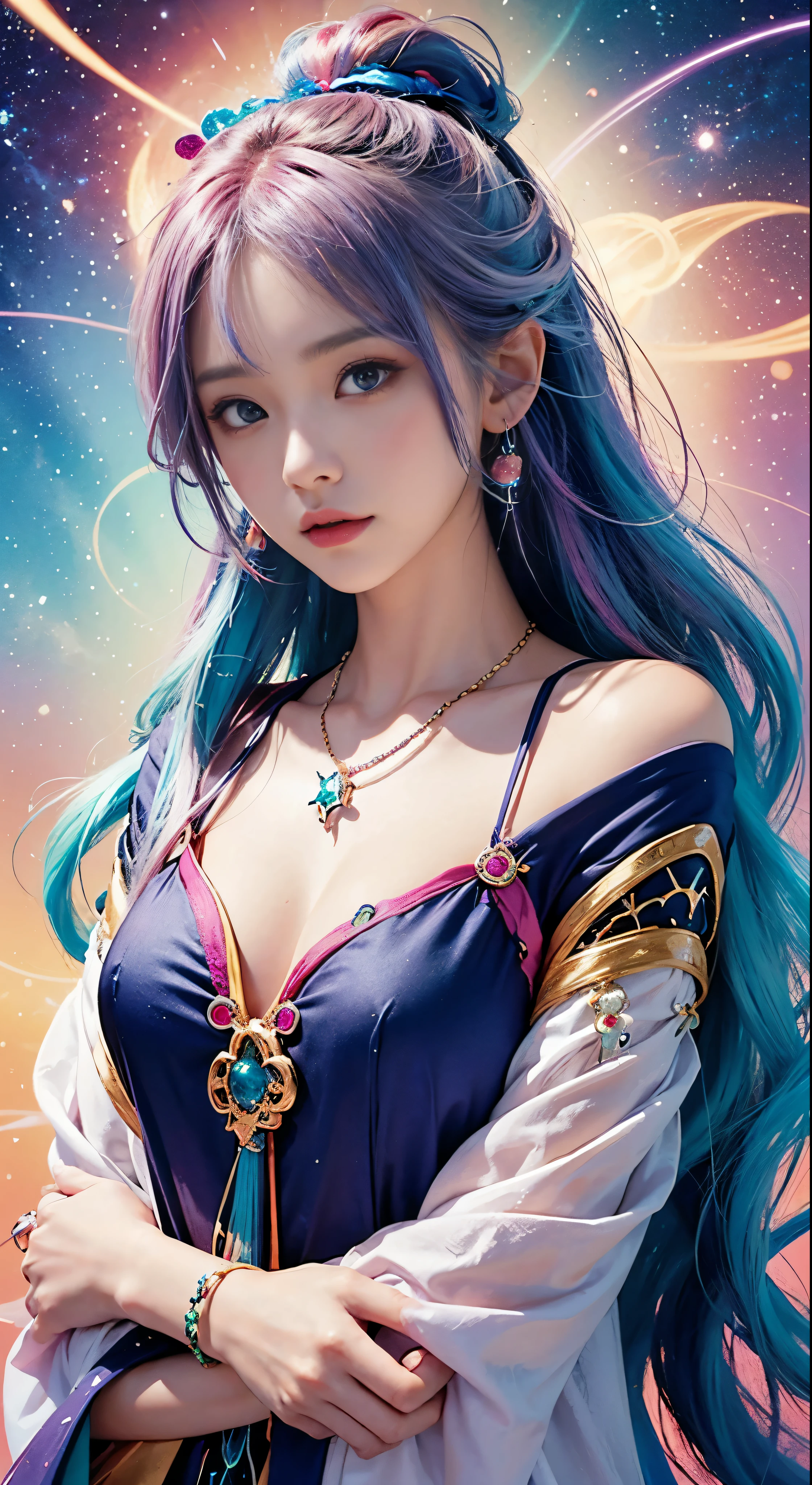 Close-up of a woman with colorful hair and necklace, anime girl with cosmic hair, Rossdraws' soft vitality, Gouvez style artwork, fantasy art style, colorful], vibrant fantasy style, Rossdraws cartoon full of vitality, cosmic and colorful, Guweiz, colorful digital fantasy art, stunning art style, beautiful anime style, white skin, subtle