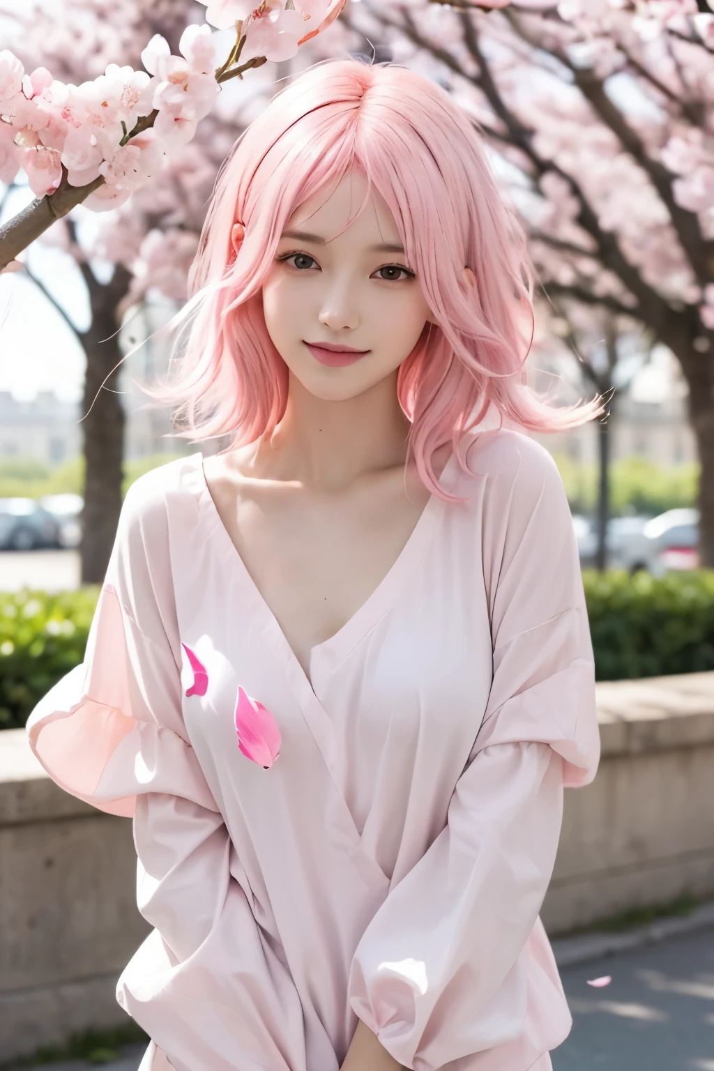 (8K, top-quality, masterpiece:1.2), (realistic, photorealistic:1.37), (super detailed:1.2), (one girl:1.5), (beautifully detailed eyes:1.2), (highest quality:1.2), (detailed face:1.2), (20yr old:1.2), (pink hair, long hair:1.2), (medium breasts:1.2), (Paris fashion week style, modest skin exposure, spring theme:1.5), (upper body to knees composition:1.2), (relaxed natural atmosphere:1.2), (wind-swept pink long hair:1.3), (gentle smile:1.2), (natural standing pose:1.2), (sakura petals background:1.2), (soft morning light:1.2), (pink hair:1.5)