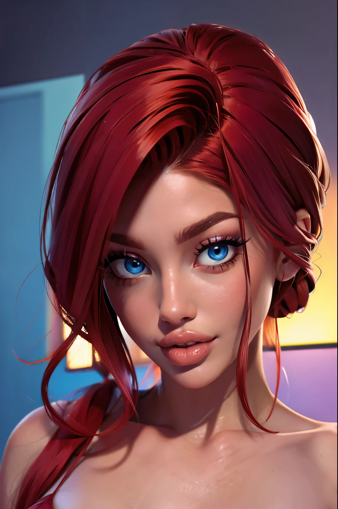 (sexy red haired young woman,perfect body,posing,model,stage,luxury hall),(oil painting),(detailed face,beautiful eyes,detailed lips, lips apart),(best quality,highres:1.2),(realistic),(portrait),(vibrant colors),(soft lighting), ((confident:1.7)), ((joyful:1)), 