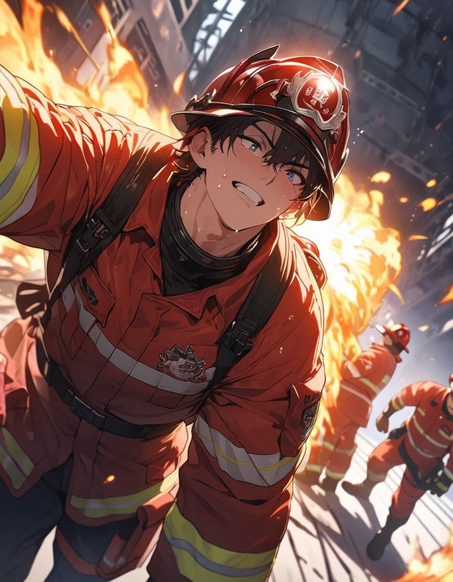 male,Handsome man with a good physique:1.3、(Firefighter)、 Desperate firefighting efforts at the scene of a fire、Tension、Sweat、desperate look、(fire truck:1.2)、(highest quality、masterpiece、High resolution、detailed)、animeスタイル、Flat Style、(Beautiful Eyes, Delicate and beautiful face), BREAK,anime、extremely detailed、Best lighting, Best Shadow、Dynamic Angle、floating, (High saturation), (splash), , (Shine),