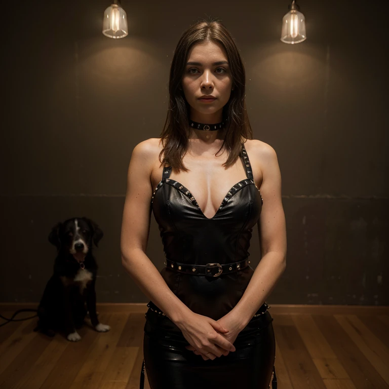 jeune femme de 25 ans, brune, professional lighting, Dim light, black leather evening dress, Large neckline, studded dog collar, Dark stare, In a private sadomasochistic room, gagball