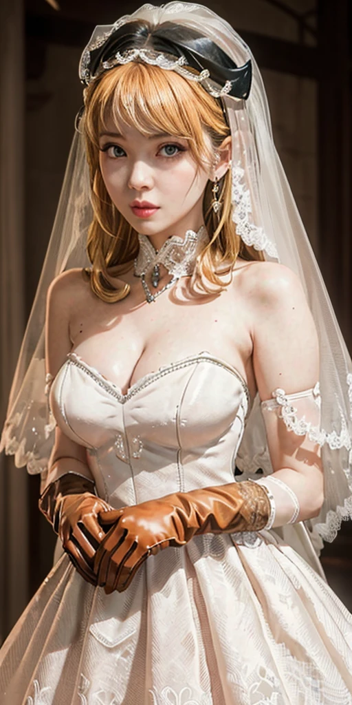 (highest quality, Tabletop:1.2), (Realistic:1.3), (Very Detailed Background, Detailed Background), Bokeh, ((Very large breasts bigger than a face:1.95)), ((Cleavage)),(Belleline Wedding Dresses:1.55),Bridal Tiara, show, Bridal Veil, Bridal Gauntlet, bridal cascade bouquet, whole body, Church wedding, The skirt is round and wide, One Girl, 30th Generation, cute,smile, Dynamic Angle, ((Tarako lips:1.45))