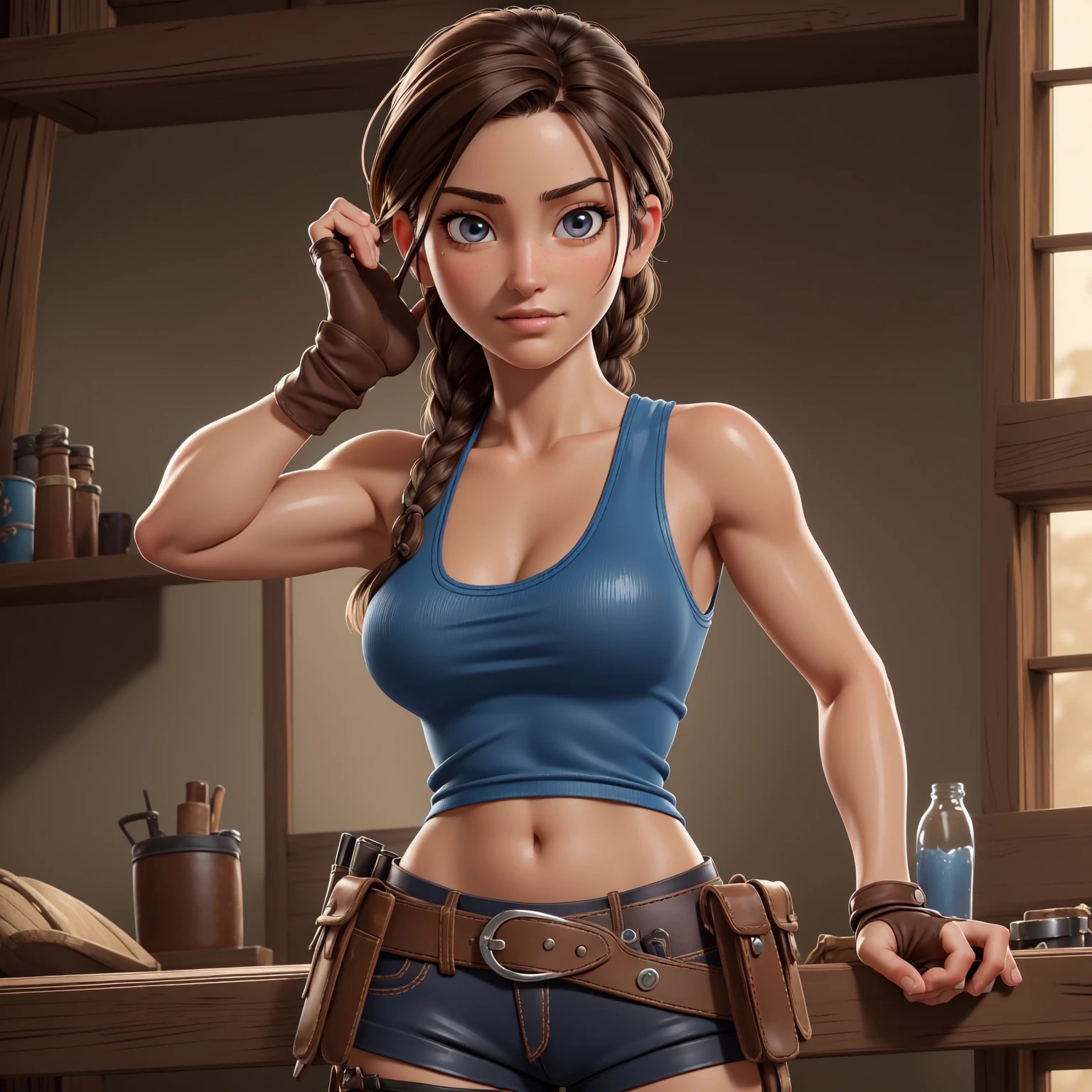 Cowboy Shot,((glossy eyes)),(masterpiece, best quality:1.4), high detail, (detailed face), detailed eyes, (beautiful, aesthetic, perfect, delicate, intricate:1.0),best quality, masterpiece, nijistyle lara croft, single braid, blue tank top, brown shorts, fingerless gloves, holster , 