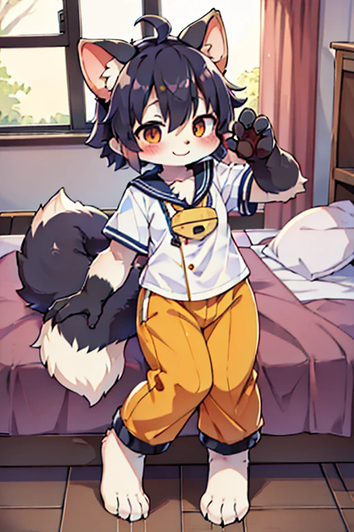 male, raccoon dog, Furry, Beastman, animal hair, tail, Sailor suit, Short sleeve, Jersey pants, Long trousers, gloves, barefoot, School, Primary school students, Physical examination, bed, sole, tickle, smile