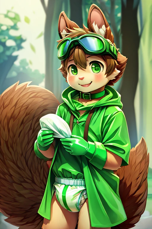 boy, furry, blown squirrel ears, animal ear fluff, bodyfur, blown squirrel tail, green goggles, green club budge, green neckerchief, green salior collar, green cloak, light green polo shirt, short sleeves, bottomless, diaper, green rubber gloves, green wellington boots, smile