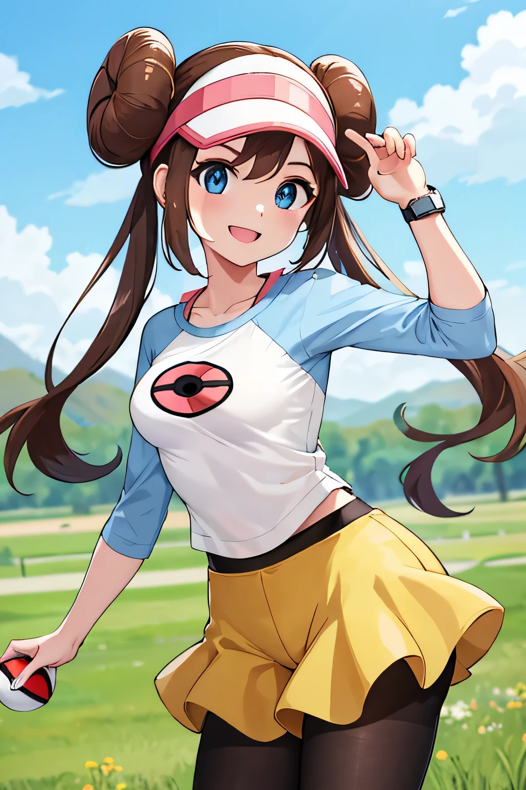 masterpiece, highest quality, High resolution, RO1, Hair Bun, blue eyes, Twin tails, Visor Cap, pantyhose, Raglan sleeves, Yellow shorts, shirt, Pink ribbon, watch, Are standing, Cowboy Shot, Field, poke ball \(Basic\), smile