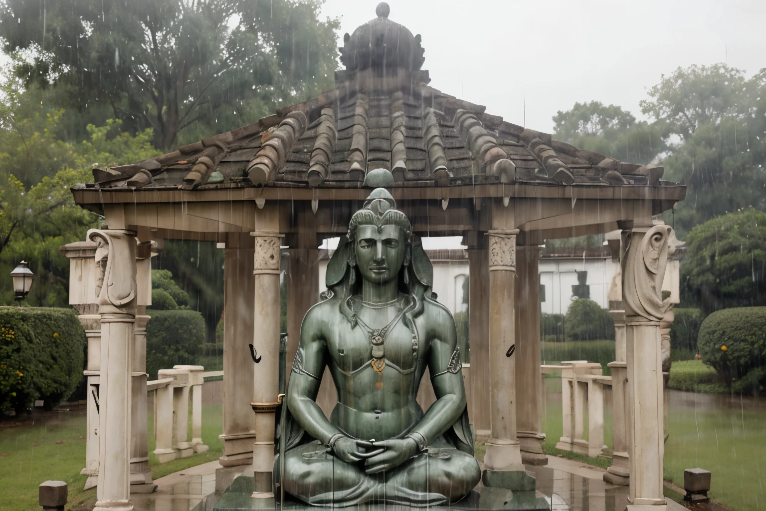 an outdoor cozy gazebo at a rainy cloudy day, two roman pillars with candle, a shiva statue back in a cozy rainy day