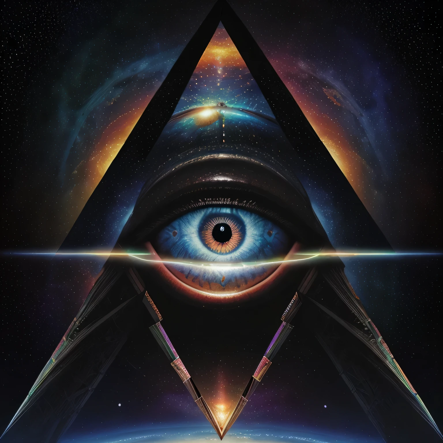 Masterpiece, full art, full color, big eye illuminati, ( pyramide illuminati), background univers, galaxy,  realistic, ultra hd, detailed, powerfull sensation, respect, gratitude, cosmos, love, particules detailed