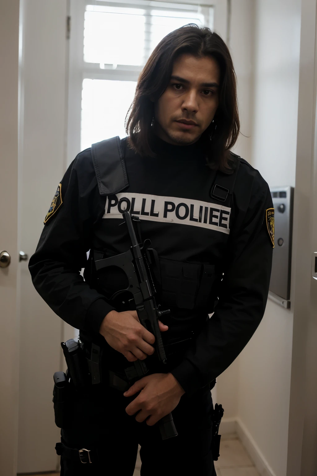 Crie um policial homem forte, bem armado, com farda cor preta.