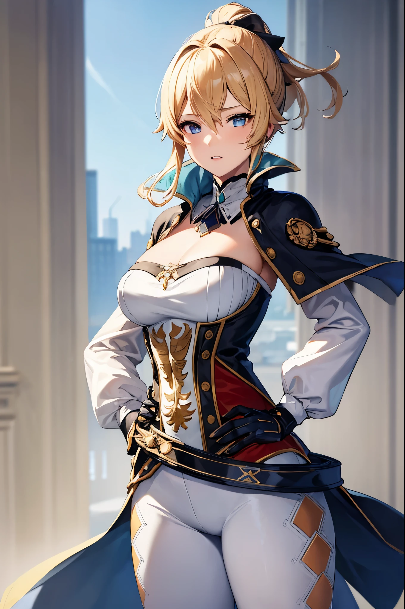(masterpiece, best quality:1.2), expressive eyes, perfect face, highres, 1girl, solo, jeanfavonian, short hair, blonde hair, city, day, standing, happy, parted lips, hands on hip, cowboy shot, looking at the viewer