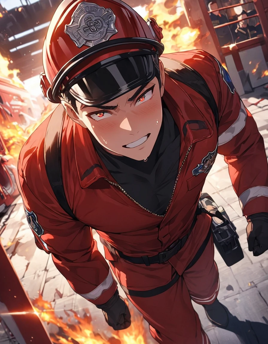 male,Handsome man with a good physique:1.3、(Firefighter、Wearing a fire mask)、 Desperate firefighting efforts at the scene of a fire、Tension、Sweat、desperate look、(fire truck:1.6)、(背景にfire truck:1.4)、(highest quality、masterpiece、High resolution、detailed)、animeスタイル、Flat Style、(Beautiful Eyes, Delicate and beautiful face),  BREAK,anime、extremely detailed、Best lighting, Best Shadow、Dynamic Angle、floating, (High saturation), (splash), , (Shine),  