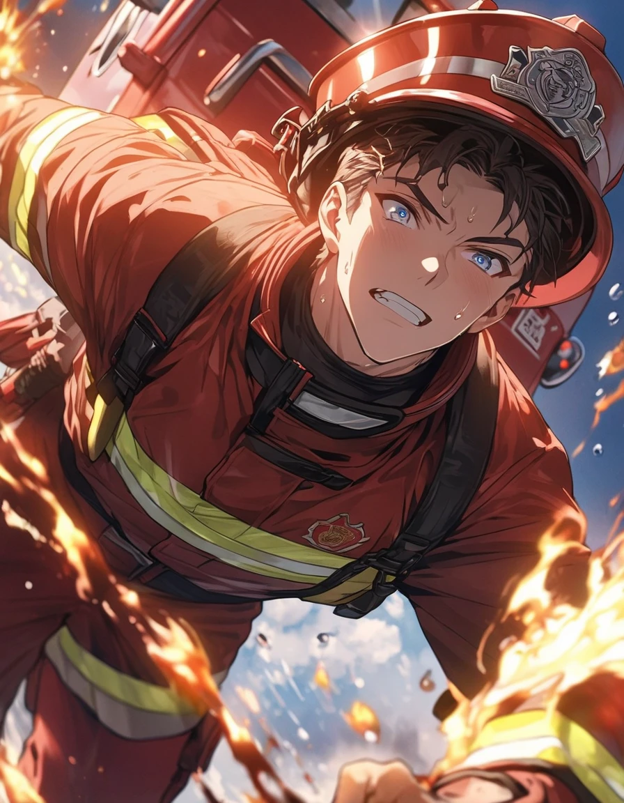 male,Handsome man with a good physique:1.3、(Firefighter)、 Desperate firefighting efforts at the scene of a fire、Tension、Sweat、desperate look、(Focus on the fire engine:1.4)、(highest quality、masterpiece、High resolution、detailed)、animeスタイル、Flat Style、(Beautiful Eyes, Delicate and beautiful face), BREAK,anime、extremely detailed、Best lighting, Best Shadow、Dynamic Angle、floating, (High saturation), (splash), , (Shine),
