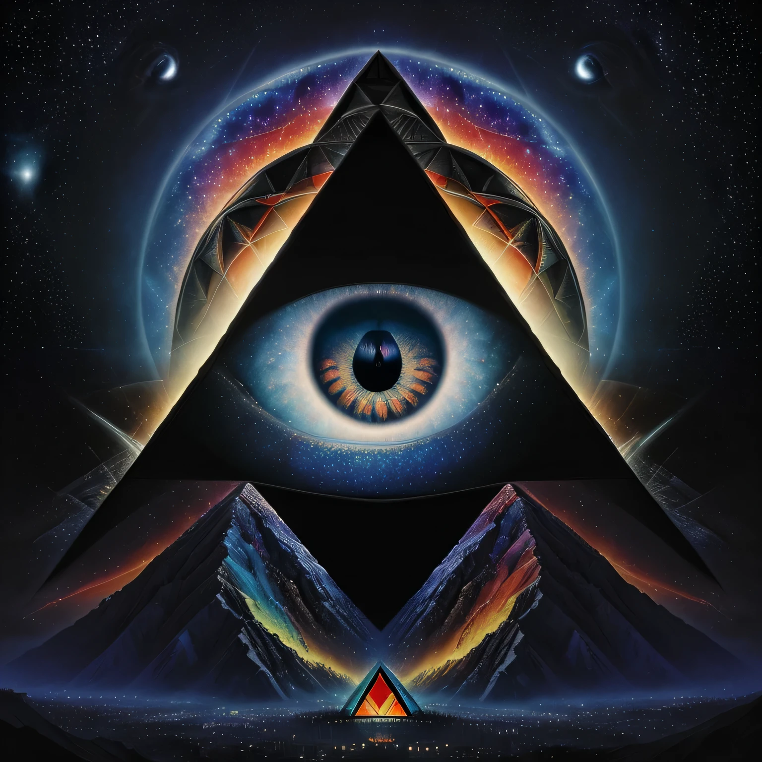 Masterpiece, full art, full color, big eye illuminati, ( pyramide illuminati), background univers, galaxy,  realistic, ultra hd, detailed, 