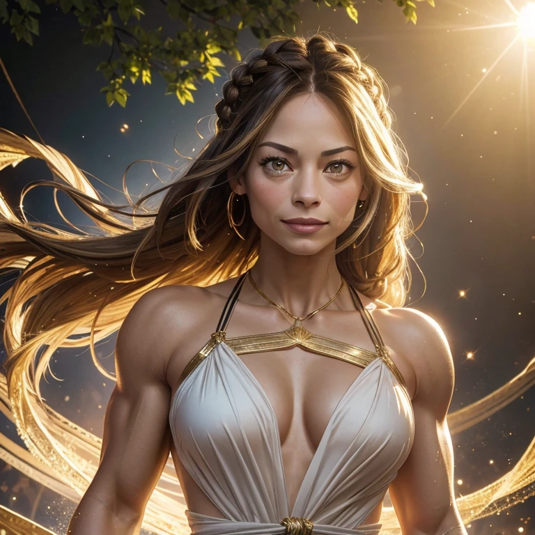 Kristin Kreuk, heavily muscled arms, highly detailed arm veins, heavily muscled pecs, shredded abs, Superb masterpiece, upper body, (adult: 1.6) Hungarian woman, (giggle: 0.4), arms behind the head, golden braids, sparkling eyes, Victorian sun dress, floating light particles, centered, added facial detail