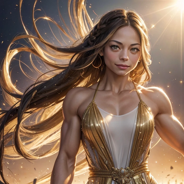 Kristin Kreuk, heavily muscled arms, highly detailed arm veins, heavily muscled pecs, shredded abs, Superb masterpiece, upper body, (adult: 1.6) Hungarian woman, (giggle: 0.4), arms behind the head, golden braids, sparkling eyes, Victorian sun dress, floating light particles, centered, added facial detail