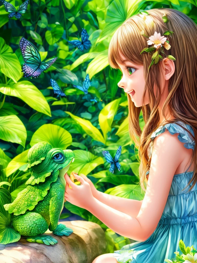 ((a girl playing with a cute kappa)),green lush garden,beautiful detailed eyes,beautiful detailed lips,long eyelashes,soft flowing hair,playful and cheerful expression,on a sunny day, vibrant colors,realistic,highres,impressionism style,soft lighting,peaceful atmosphere,lively and energetic,harmonious surrounding,natural elements,water splashes and ripples,green foliage and flowers,butterflies fluttering around,effects of sunlight and shadows,joyful and carefree moment,blissful interaction between the girl and the kappa,affectionate bond between human and mythical creature