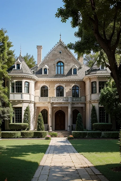make a white mansion that looks like a castle with trees surrounding the front a large patio, 