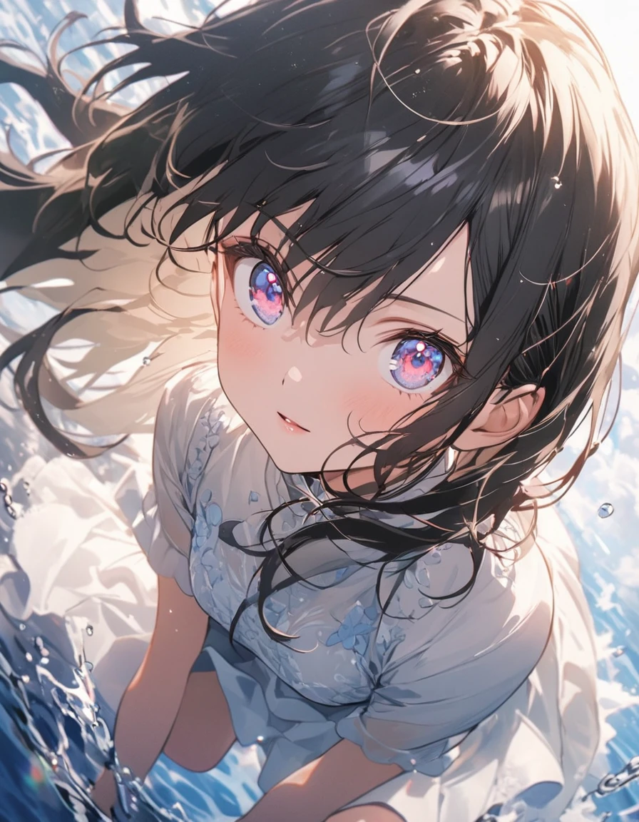 Anime Style、high resolution,((masterpiece:1.2)),aquarium、Aquarium with light streaming in、Beautiful fish、Girl looking at、cute,Unrealistic colors、Rainbow colors