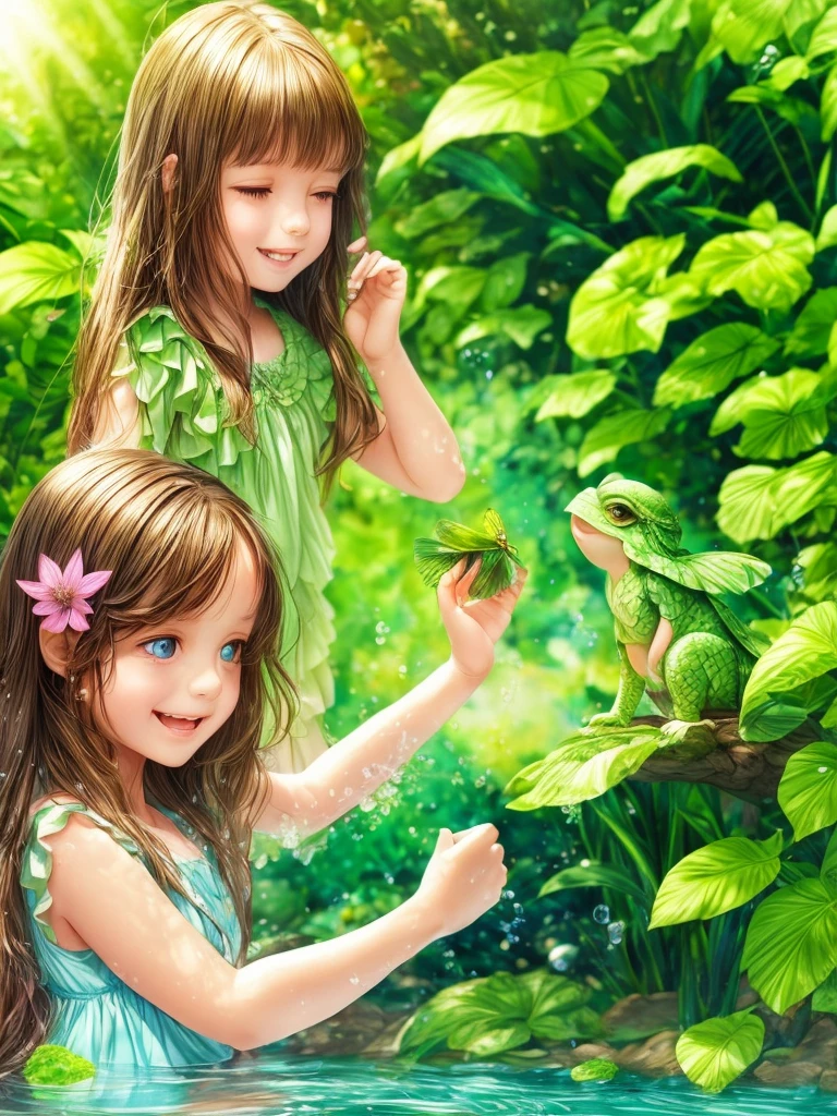 ((a girl playing with a cute kappa)),green lush garden,beautiful detailed eyes,beautiful detailed lips,long eyelashes,soft flowing hair,playful and cheerful expression,on a sunny day, vibrant colors,realistic,highres,impressionism style,soft lighting,peaceful atmosphere,lively and energetic,harmonious surrounding,natural elements,water splashes and ripples,green foliage and flowers,butterflies fluttering around,effects of sunlight and shadows,joyful and carefree moment,blissful interaction between the girl and the kappa,affectionate bond between human and mythical creature