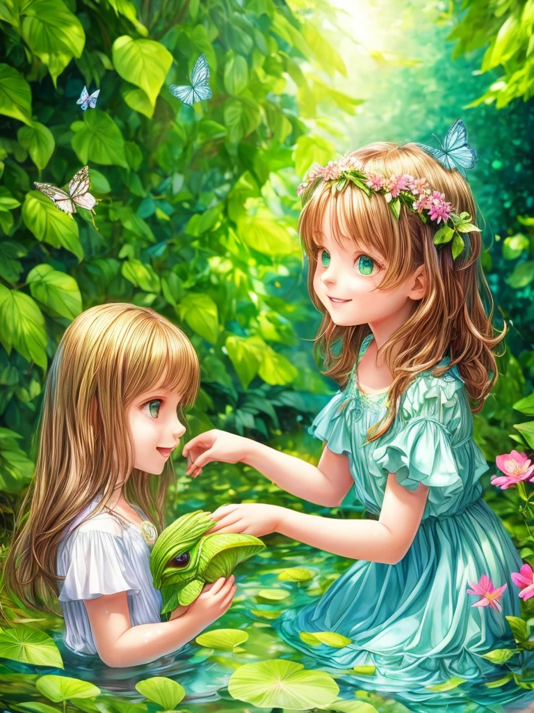 ((a girl playing with a cute kappa)),green lush garden,beautiful detailed eyes,beautiful detailed lips,long eyelashes,soft flowing hair,playful and cheerful expression,on a sunny day, vibrant colors,realistic,highres,impressionism style,soft lighting,peaceful atmosphere,lively and energetic,harmonious surrounding,natural elements,water splashes and ripples,green foliage and flowers,butterflies fluttering around,effects of sunlight and shadows,joyful and carefree moment,blissful interaction between the girl and the kappa,affectionate bond between human and mythical creature