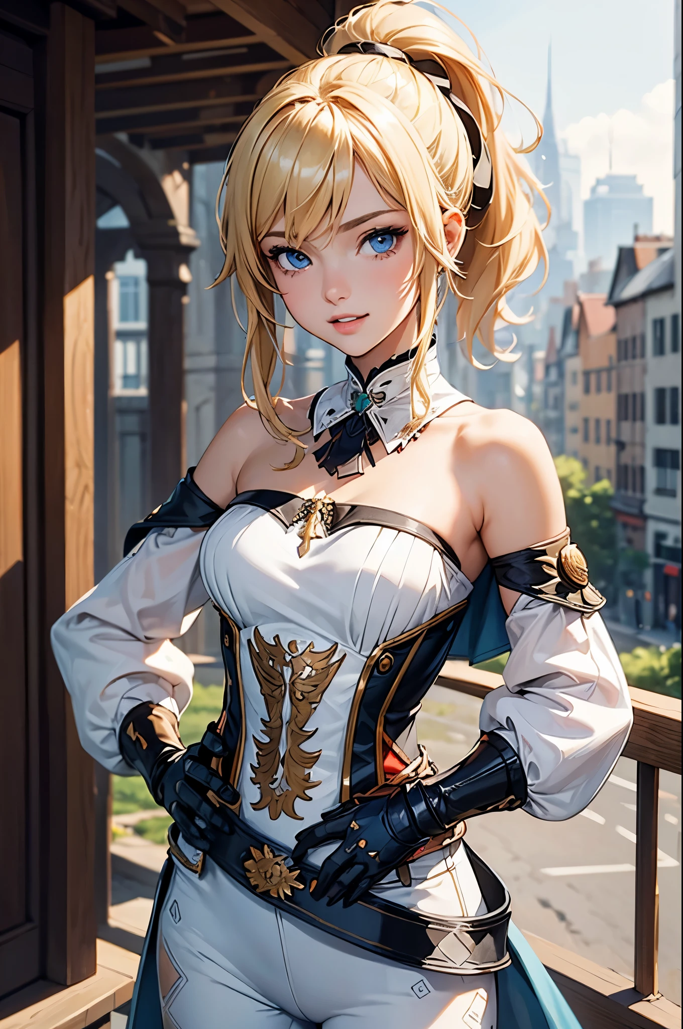 (masterpiece, best quality:1.2), expressive eyes, perfect face, highres, 1girl, solo, jeanfavonian, short hair, blonde hair, city, day, standing, happy, parted lips, hands on hip, cowboy shot, looking at the viewer
