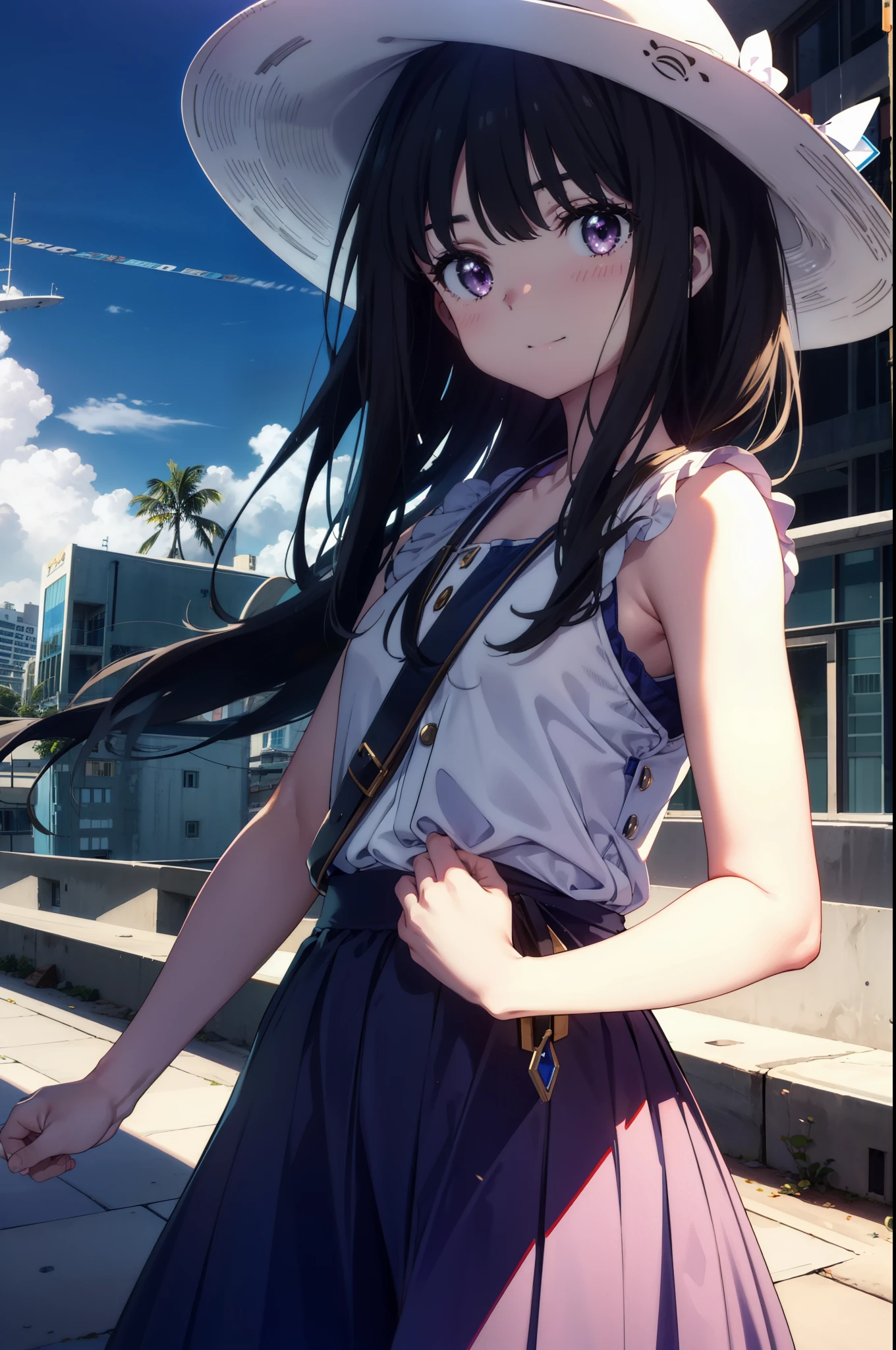 Takiuchi, Inoue Check, Long Hair, bangs, Black Hair, (Purple eyes:1.2),happy smile, smile, Open your mouth,smile,blush,Blue long skirt one-piece dress,No sleeve,Bare arms,Rocket Pendant,Cute Sandals,White hat,True Summer,Clear skies,So that the whole body goes into the illustration,
break outdoors, Coastal Road,City Street,
break looking at viewer, (Cowboy Shot:1.5),
break (masterpiece:1.2), highest quality, High resolution, unity 8k wallpaper, (figure:0.8), (Beautiful fine details:1.6), Highly detailed face, Perfect lighting, Highly detailed CG, (Perfect hands, Perfect Anatomy),