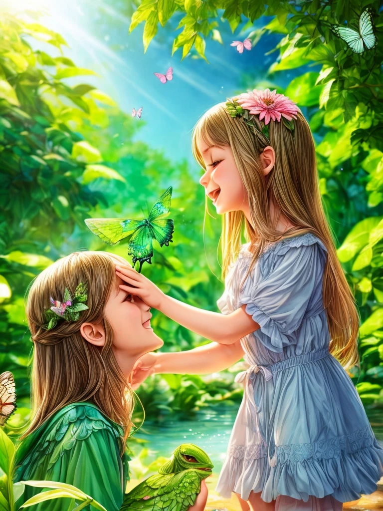 ((a girl playing with a cute kappa)),green lush garden,beautiful detailed eyes,beautiful detailed lips,long eyelashes,soft flowing hair,playful and cheerful expression,on a sunny day, vibrant colors,realistic,highres,impressionism style,soft lighting,peaceful atmosphere,lively and energetic,harmonious surrounding,natural elements,water splashes and ripples,green foliage and flowers,butterflies fluttering around,effects of sunlight and shadows,joyful and carefree moment,blissful interaction between the girl and the kappa,affectionate bond between human and mythical creature