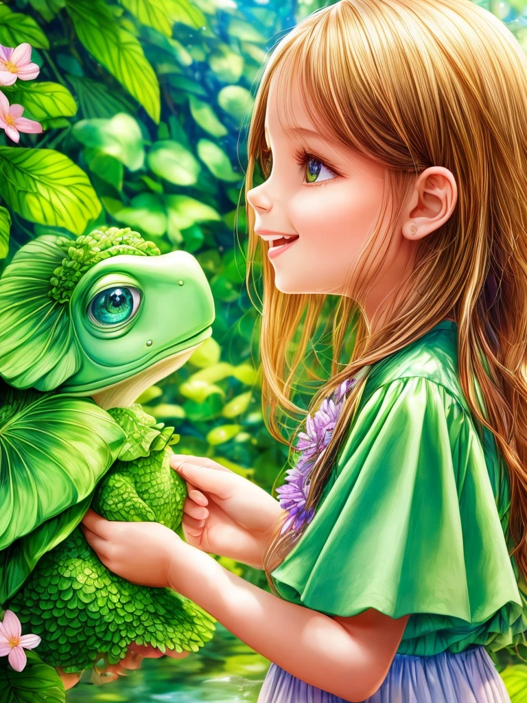((a girl playing with a cute kappa)),green lush garden,beautiful detailed eyes,beautiful detailed lips,long eyelashes,soft flowing hair,playful and cheerful expression,on a sunny day, vibrant colors,realistic,highres,impressionism style,soft lighting,peaceful atmosphere,lively and energetic,harmonious surrounding,natural elements,water splashes and ripples,green foliage and flowers,butterflies fluttering around,effects of sunlight and shadows,joyful and carefree moment,blissful interaction between the girl and the kappa,affectionate bond between human and mythical creature