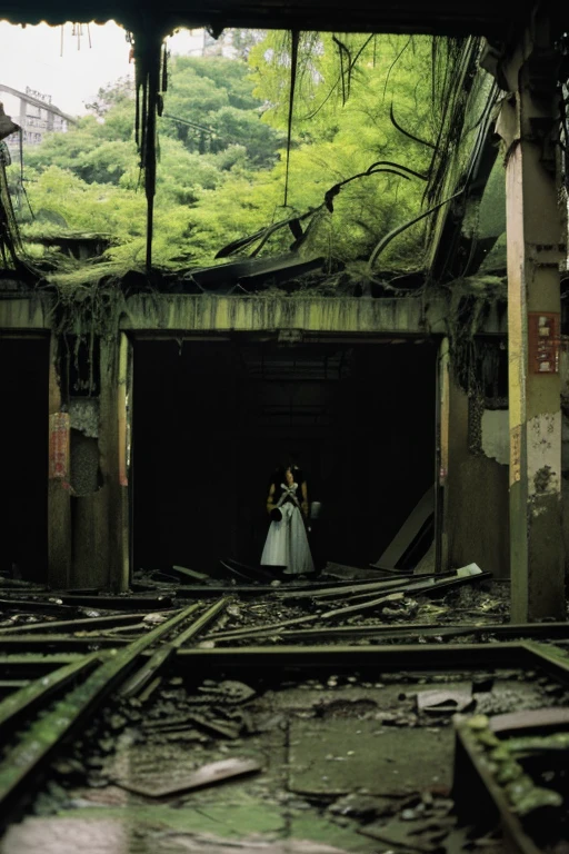 subway,moss,Collapse,Devastation,Inside the ruins is narrow,Showa,Glasses,Women,adventure,Black and White,