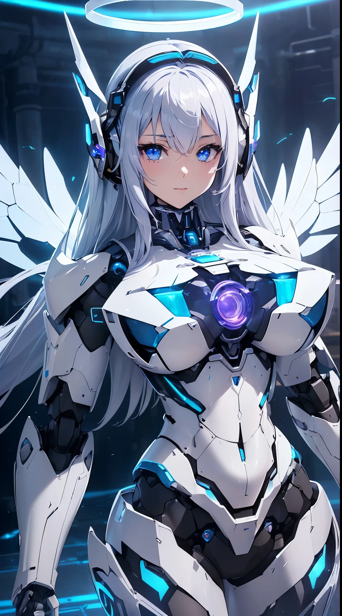 ((Lenses shining on both breasts:1.3))、((Columns of glowing blue light emanating from both chests:1.3))、(Dynamic pose:1.6)、smile、((8k)), ((32k)), ((highest quality)), ((masterpiece)), ((超A high resolution)), ((Tmasterpiece)), ((halo:1.4))、((Mechaニカルheadgear:1.2))、((Cyber Headphones:1.3))Fine skin, High quality fabric, Fine metal texture、((Beautiful and dense face))、RAW Photos、Professional, Ultra-fine painting, ((alone)), Beautiful breasts、highest quality, Very detailed, Very detailed詳細, Finer details, so beautiful, ((Princess Knight Robot:1.2)), (Joint of the machine, Mechanical Limbs:1.3), (The internal structure of the machine is exposed:1.3), (Long silver hair:1.1), (Beautiful and huge mechanical breasts)、White Veil, cowboy_shot, Side Focus, headgear, Shiny、(Five Fingers, Four fingers and thumb),Concept Art, Anime fantasy artwork, Detailed fantasy art, (with pale blue-violet hair and large white wings,,,,,,), (((Long silver hair))), (Mecha:1.6)、Sleek and intimidating design, ((Commander in Chief's Arms)), (Perfect robot body)、Pure white and blue-purple 腕or, symmetrical wings, 8k high quality detailed art, 3D rendering of character art in 8K, neat legs, Defined, Defined fingers,((headshot:1.3))