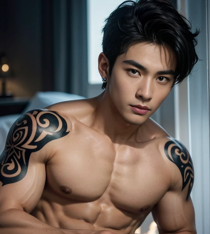 (8K, RAW photo, Highest quality), Realistic, 1 super handsome chinese man, movie star idol, frontage, Intricate details, Closed mouth, Extremely detailed eyes and eyelasheuscular male, mess curly style hair, detailed hair, Manly, 20 years old, ,looks away, Male focus, Solo, Open the transparent robe，Exposing the pectoral muscles，Exposing abs, muscular,cool earings, cool expensive hand watch ,big chest abs, tattoo chest, tattoo arms, tattoo hands, tattoo belly, tattoo legs, tattoo bach, full bodyesbian, Night sky, Soft lighting, Cinematic lighting, Portrait, Close-up, Lovingly, naked, long big dick masturbate, dick in good shape,flawless perfect dick, detailed vein in dick, open legs, 