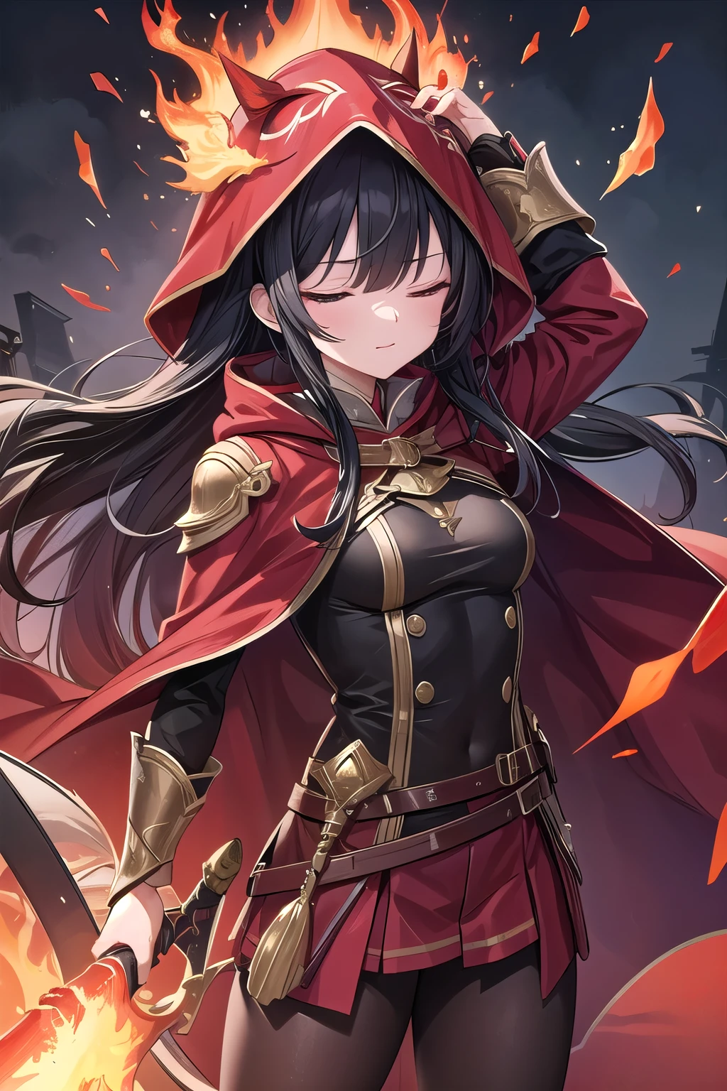 A female character hiding her eyes with a red iron mask、Black Hair、Long Hair、Red Cape、Holding a flaming, thick sword、Hero