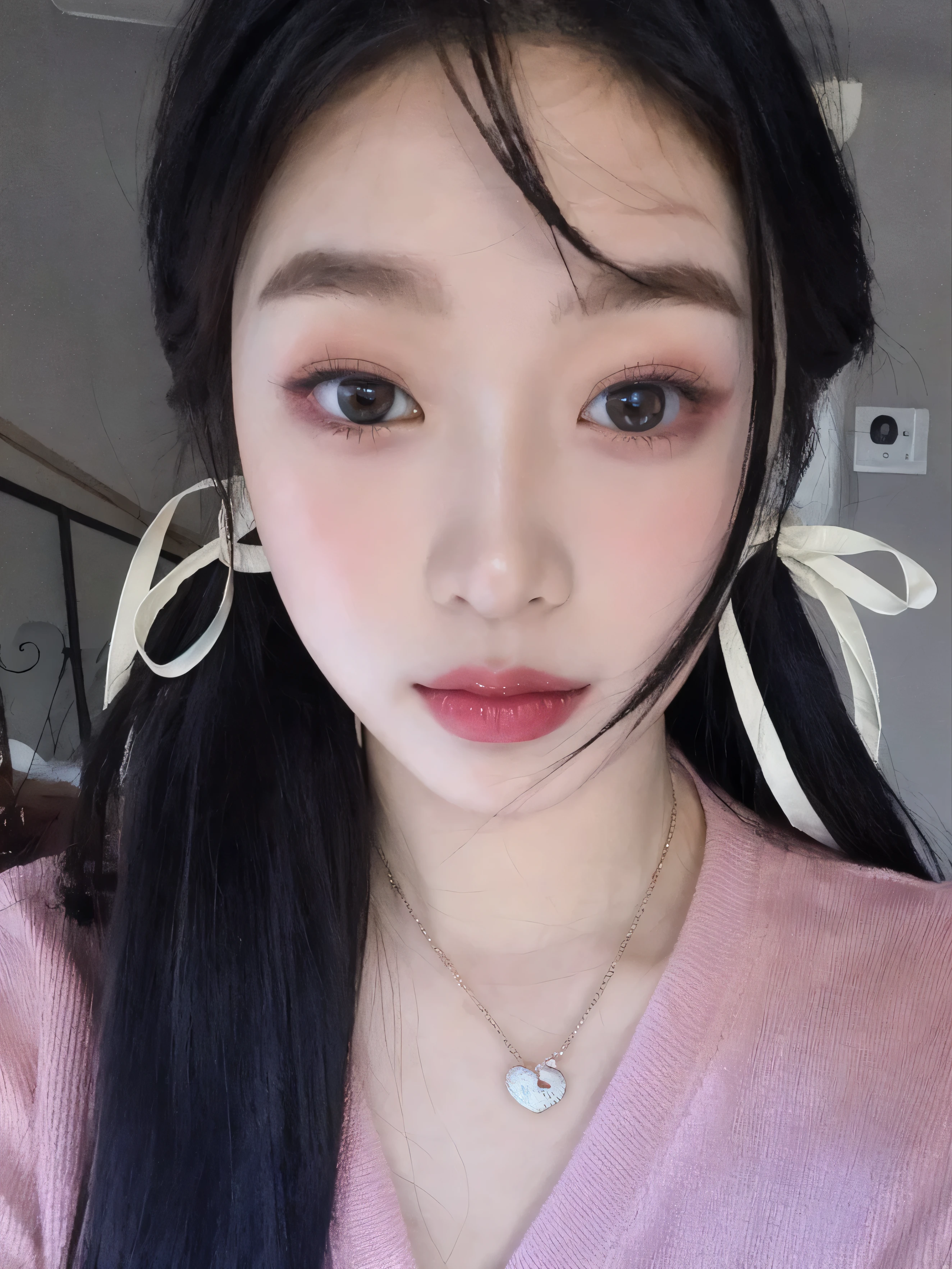 There's a woman with long black hair wearing a pink sweater, young cute wan asian guy, cara linda y clara, 8k selfie photography, ulzzang, bella delfina, small heart shaped face, con coletas negras, retrato realista kawaii, chiho, chinese doll face, Yui Kotegawa, asian guy, linda cara de anime natural, Joy de Red Velvet 